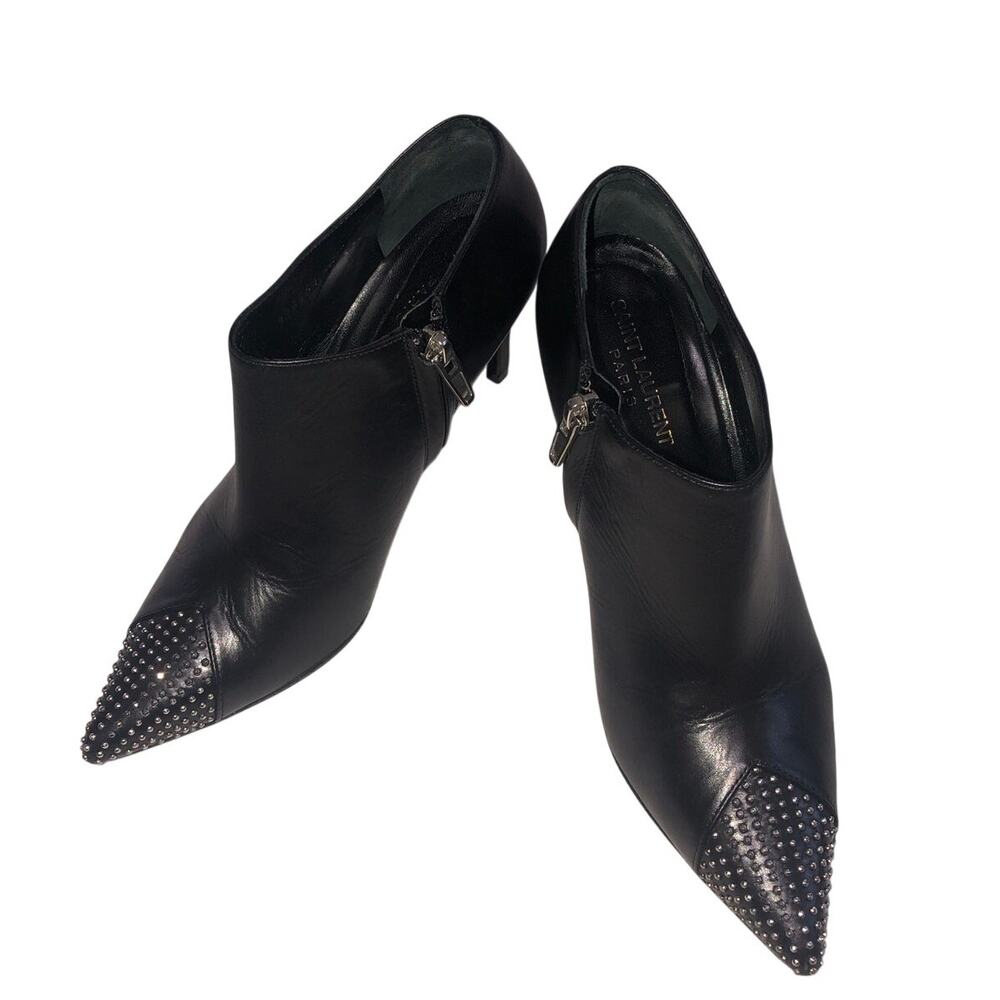 SAINT LAURENT YSL Studded Cap Toe Leather Ankle Boots 37.5 Silver Stud Stiletto